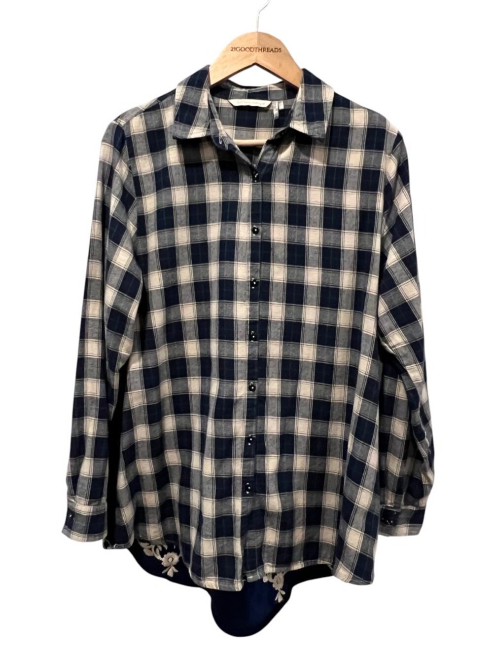 Soft Surroundings Kamala Velvet Flannel Shirt, Plaid, Navy Tan, L